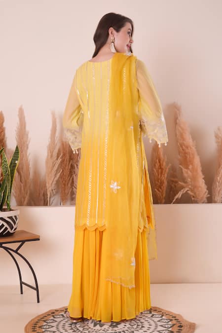 Shop_Surabhi Arya_Yellow Chanderi, Organza, Georgette Pearls, Embroidery, Yoke Kurta Sharara Set _at_Aza_Fashions
