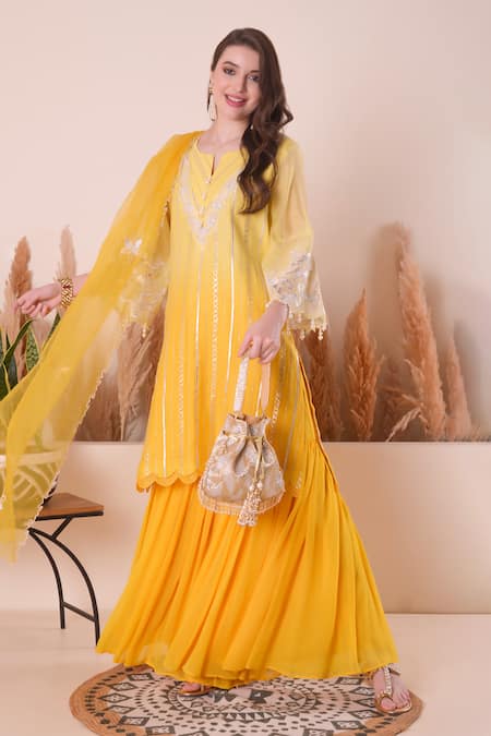 Buy_Surabhi Arya_Yellow Chanderi, Organza, Georgette Pearls, Embroidery, Yoke Kurta Sharara Set _Online_at_Aza_Fashions