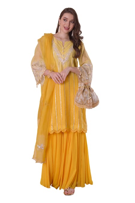 Shop_Surabhi Arya_Yellow Chanderi, Organza, Georgette Pearls, Embroidery, Yoke Kurta Sharara Set _Online_at_Aza_Fashions
