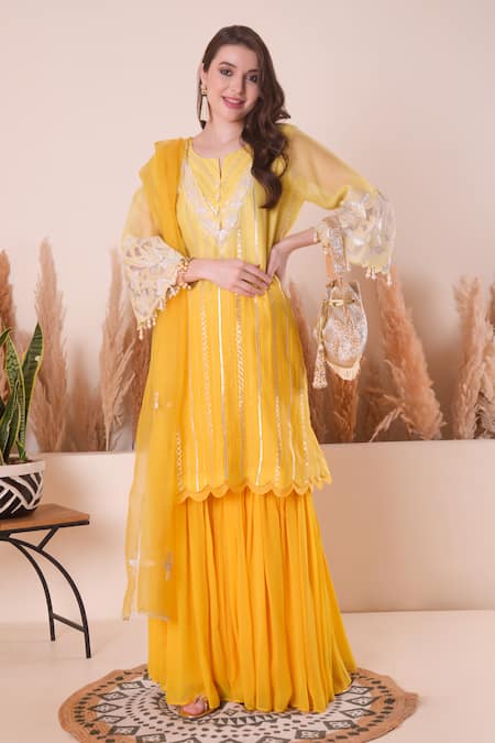 Surabhi Arya_Yellow Chanderi, Organza, Georgette Pearls, Embroidery, Yoke Kurta Sharara Set _at_Aza_Fashions