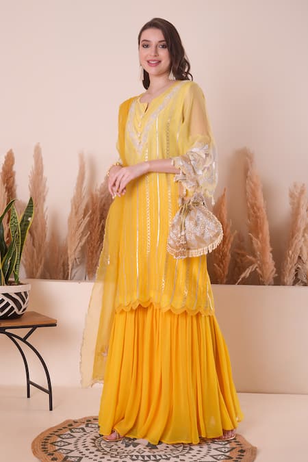 Buy_Surabhi Arya_Yellow Chanderi, Organza, Georgette Pearls, Embroidery, Yoke Kurta Sharara Set 