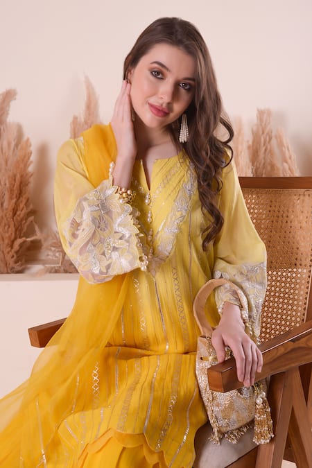Shop_Surabhi Arya_Yellow Chanderi, Organza, Georgette Pearls, Embroidery, Yoke Kurta Sharara Set 