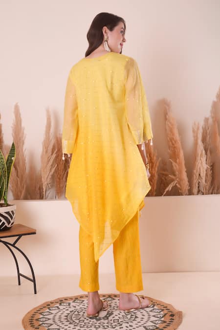 Shop_Surabhi Arya_Yellow Chanderi Pearls, Sequins V-neck Embroidered Kurta And Pant Set _at_Aza_Fashions
