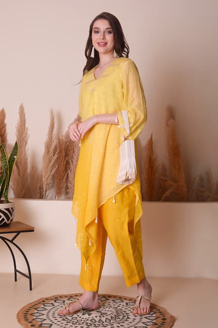 Shop_Surabhi Arya_Yellow Chanderi Pearls, Sequins V-neck Embroidered Kurta And Pant Set _Online_at_Aza_Fashions