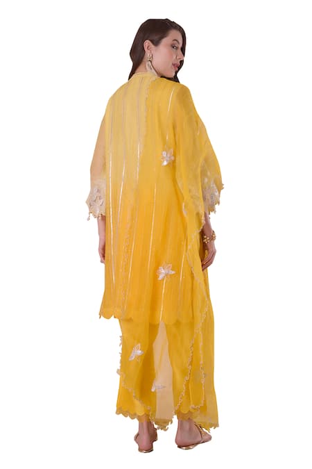 Surabhi Arya_Yellow Chanderi, Organza Pearls, Embroidery, Cut Work, Stripe A-line Kurta Set _Online_at_Aza_Fashions