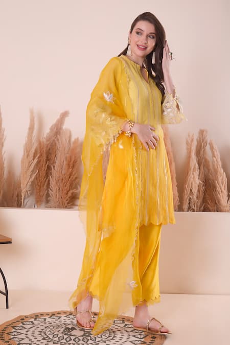 Buy_Surabhi Arya_Yellow Chanderi, Organza Pearls, Embroidery, Cut Work, Stripe A-line Kurta Set _Online_at_Aza_Fashions