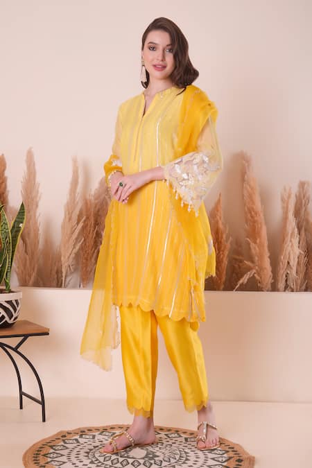 Shop_Surabhi Arya_Yellow Chanderi, Organza Pearls, Embroidery, Cut Work, Stripe A-line Kurta Set _Online_at_Aza_Fashions