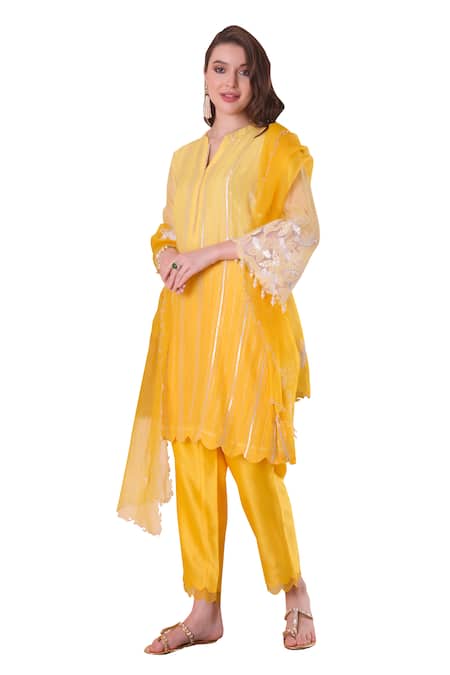 Surabhi Arya_Yellow Chanderi, Organza Pearls, Embroidery, Cut Work, Stripe A-line Kurta Set _at_Aza_Fashions