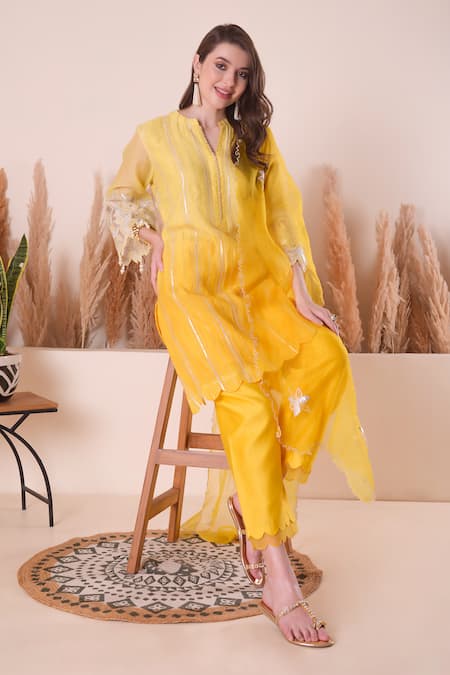 Shop_Surabhi Arya_Yellow Chanderi, Organza Pearls, Embroidery, Cut Work, Stripe A-line Kurta Set 