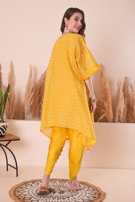 Shop_Surabhi Arya_Yellow Chanderi, Modal, Cotton, Satin Tassels, Wave Gota Kurta And Dhoti Pant Set _at_Aza_Fashions