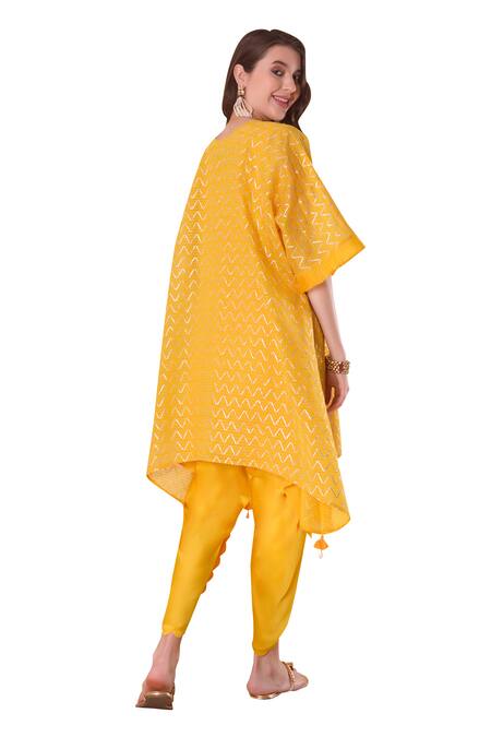 Surabhi Arya_Yellow Chanderi, Modal, Cotton, Satin Tassels, Wave Gota Kurta And Dhoti Pant Set _Online_at_Aza_Fashions