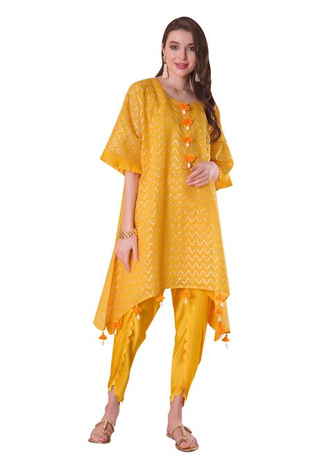 Buy_Surabhi Arya_Yellow Chanderi, Modal, Cotton, Satin Tassels, Wave Gota Kurta And Dhoti Pant Set _Online_at_Aza_Fashions