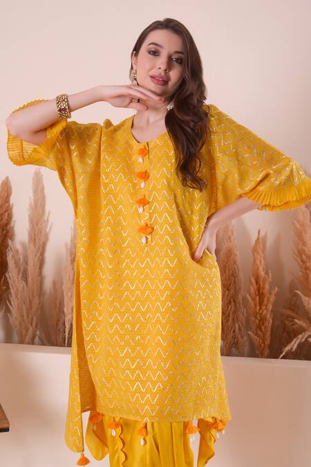 Shop_Surabhi Arya_Yellow Chanderi, Modal, Cotton, Satin Tassels, Wave Gota Kurta And Dhoti Pant Set _Online_at_Aza_Fashions