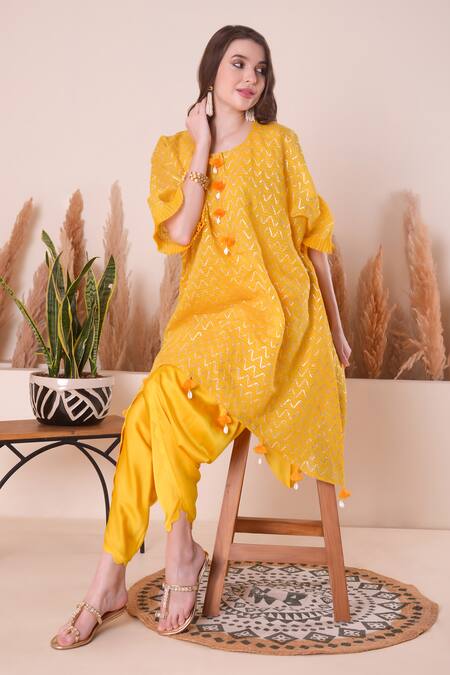 Surabhi Arya_Yellow Chanderi, Modal, Cotton, Satin Tassels, Wave Gota Kurta And Dhoti Pant Set _at_Aza_Fashions