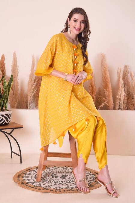 Buy_Surabhi Arya_Yellow Chanderi, Modal, Cotton, Satin Tassels, Wave Gota Kurta And Dhoti Pant Set 