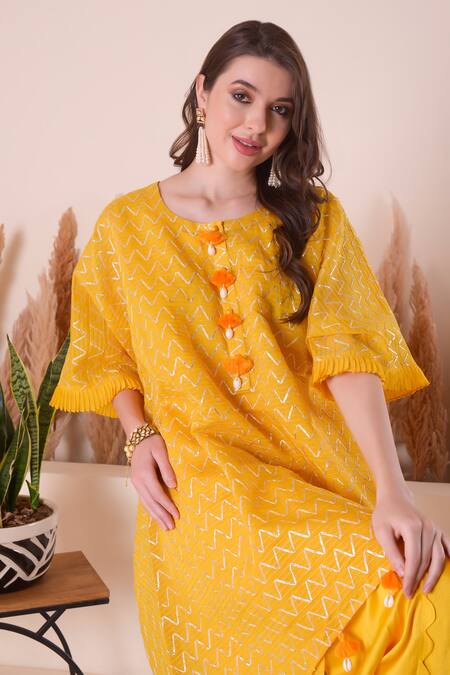 Shop_Surabhi Arya_Yellow Chanderi, Modal, Cotton, Satin Tassels, Wave Gota Kurta And Dhoti Pant Set 