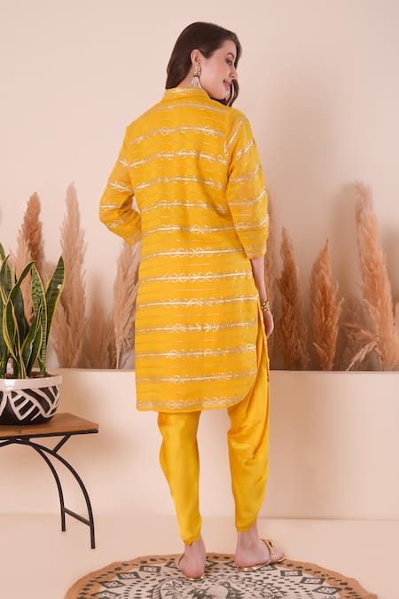 Shop_Surabhi Arya_Yellow Chanderi, Modal, Satin Gota Patti, Embroidery Kurta And Dhoti Pant Set _at_Aza_Fashions