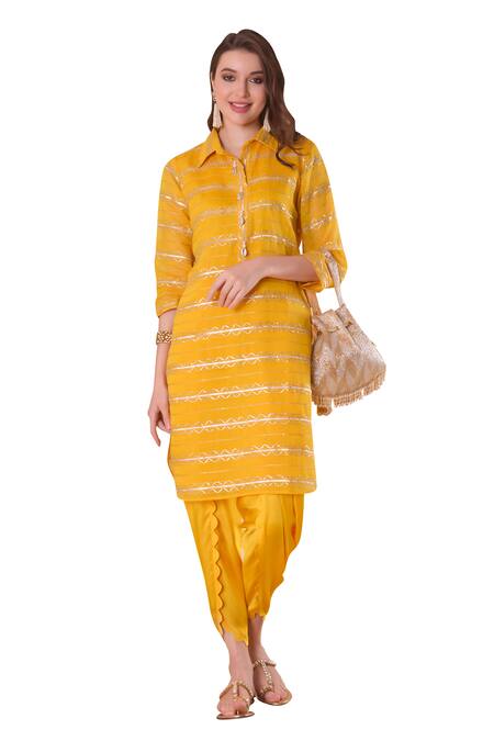 Surabhi Arya_Yellow Chanderi, Modal, Satin Gota Patti, Embroidery Kurta And Dhoti Pant Set _Online_at_Aza_Fashions