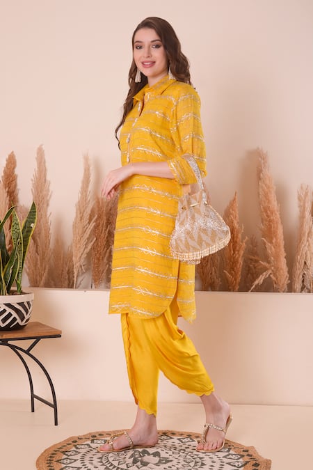 Buy_Surabhi Arya_Yellow Chanderi, Modal, Satin Gota Patti, Embroidery Kurta And Dhoti Pant Set _Online_at_Aza_Fashions