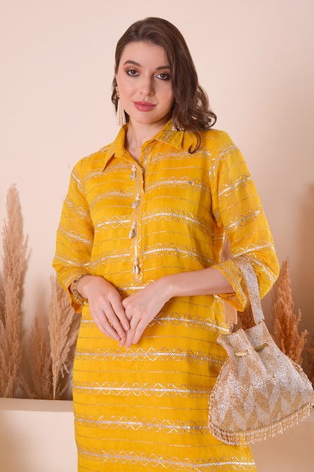 Shop_Surabhi Arya_Yellow Chanderi, Modal, Satin Gota Patti, Embroidery Kurta And Dhoti Pant Set _Online_at_Aza_Fashions