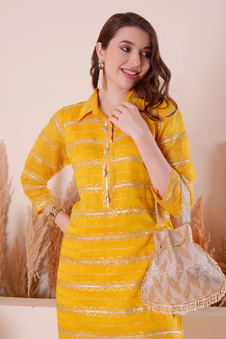 Surabhi Arya_Yellow Chanderi, Modal, Satin Gota Patti, Embroidery Kurta And Dhoti Pant Set _at_Aza_Fashions