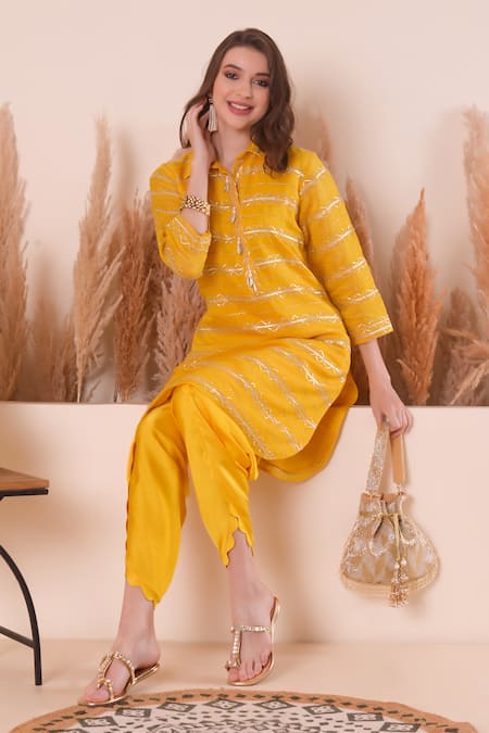 Shop_Surabhi Arya_Yellow Chanderi, Modal, Satin Gota Patti, Embroidery Kurta And Dhoti Pant Set 