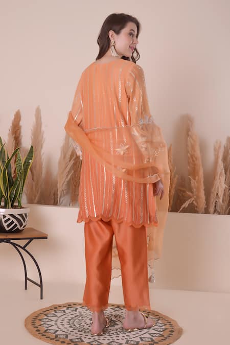Shop_Surabhi Arya_Orange Chanderi, Organza Pearls, Embroidery, Gota Patti, Zari Stripe Kurta Set _at_Aza_Fashions