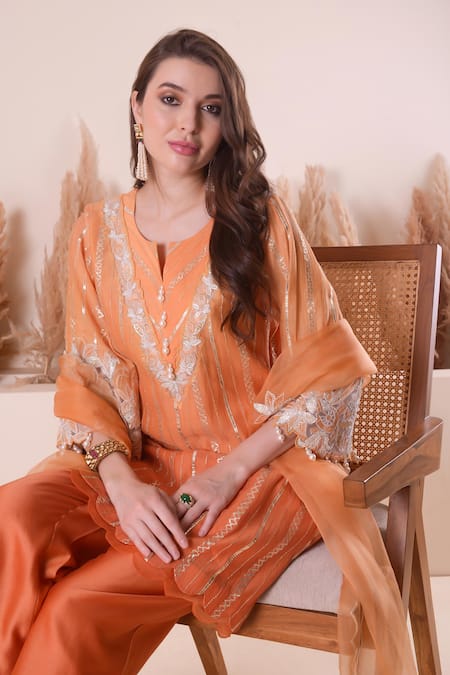 Buy_Surabhi Arya_Orange Chanderi, Organza Pearls, Embroidery, Gota Patti, Zari Stripe Kurta Set _Online_at_Aza_Fashions