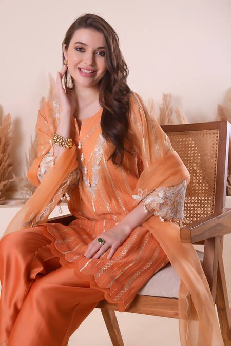 Shop_Surabhi Arya_Orange Chanderi, Organza Pearls, Embroidery, Gota Patti, Zari Stripe Kurta Set _Online_at_Aza_Fashions