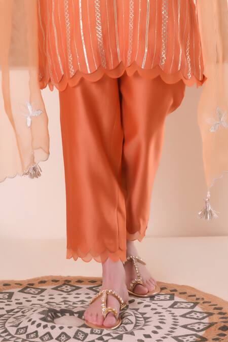 Shop_Surabhi Arya_Orange Chanderi, Organza Pearls, Embroidery, Gota Patti, Zari Stripe Kurta Set 