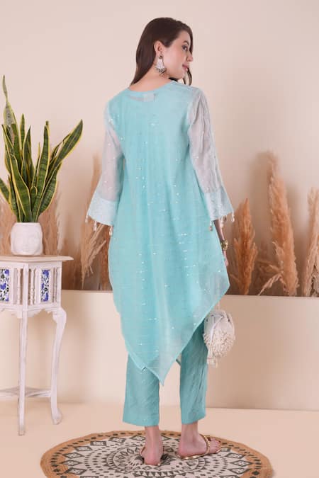 Shop_Surabhi Arya_Blue Chanderi Gota Patti, Sequins, Embroidery V-neck Work Kurta And Pant Set _at_Aza_Fashions