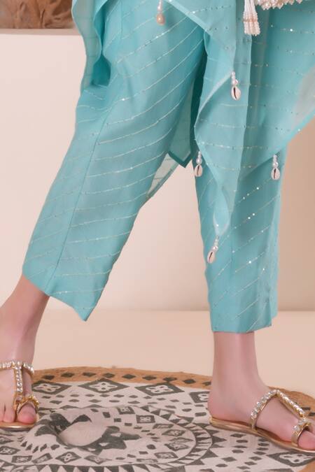 Surabhi Arya_Blue Chanderi Gota Patti, Sequins, Embroidery V-neck Work Kurta And Pant Set _Online_at_Aza_Fashions