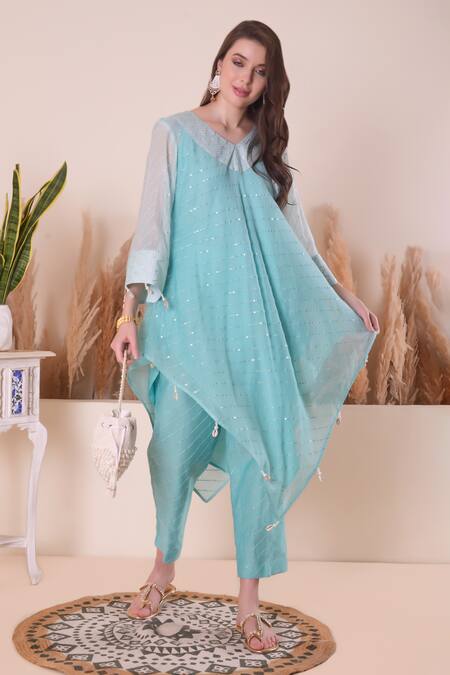 Buy_Surabhi Arya_Blue Chanderi Gota Patti, Sequins, Embroidery V-neck Work Kurta And Pant Set _Online_at_Aza_Fashions