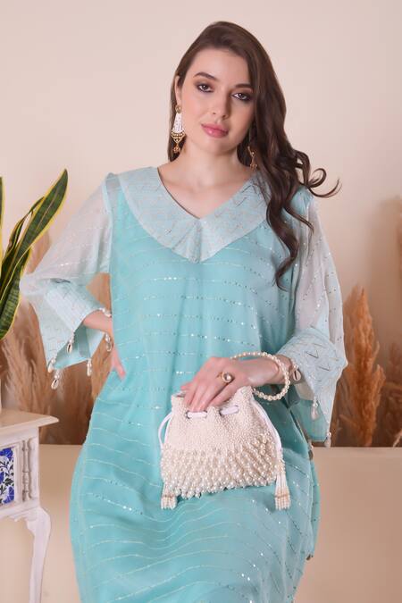 Buy_Surabhi Arya_Blue Chanderi Gota Patti, Sequins, Embroidery V-neck Work Kurta And Pant Set 