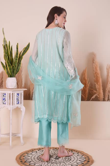 Shop_Surabhi Arya_Blue Chanderi, Organza Pearls, Tassels Split Floral Yoke Embroidered Kurta Set _at_Aza_Fashions