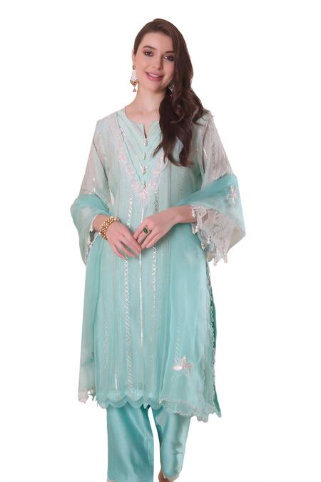 Buy_Surabhi Arya_Blue Chanderi, Organza Pearls, Tassels Split Floral Yoke Embroidered Kurta Set _Online_at_Aza_Fashions