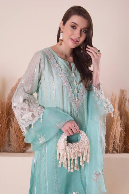 Surabhi Arya_Blue Chanderi, Organza Pearls, Tassels Split Floral Yoke Embroidered Kurta Set _at_Aza_Fashions