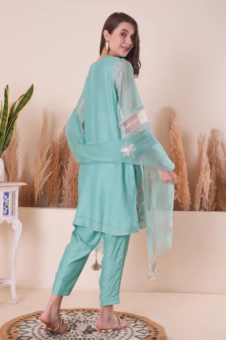 Shop_Surabhi Arya_Blue Chanderi, Muslin, Organza Tassels, Embroidery Floral Thread Kurta Set _at_Aza_Fashions