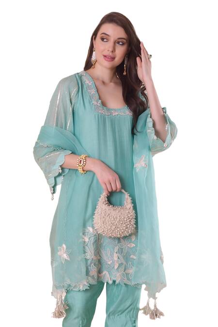 Buy_Surabhi Arya_Blue Chanderi, Muslin, Organza Tassels, Embroidery Floral Thread Kurta Set _Online_at_Aza_Fashions