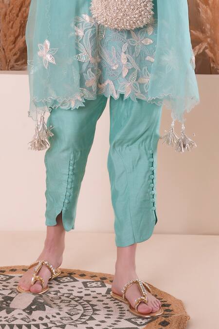 Shop_Surabhi Arya_Blue Chanderi, Muslin, Organza Tassels, Embroidery Floral Thread Kurta Set _Online_at_Aza_Fashions