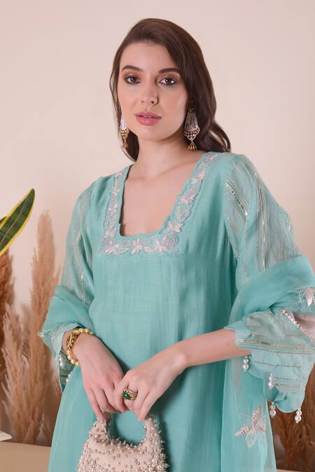 Surabhi Arya_Blue Chanderi, Muslin, Organza Tassels, Embroidery Floral Thread Kurta Set _at_Aza_Fashions