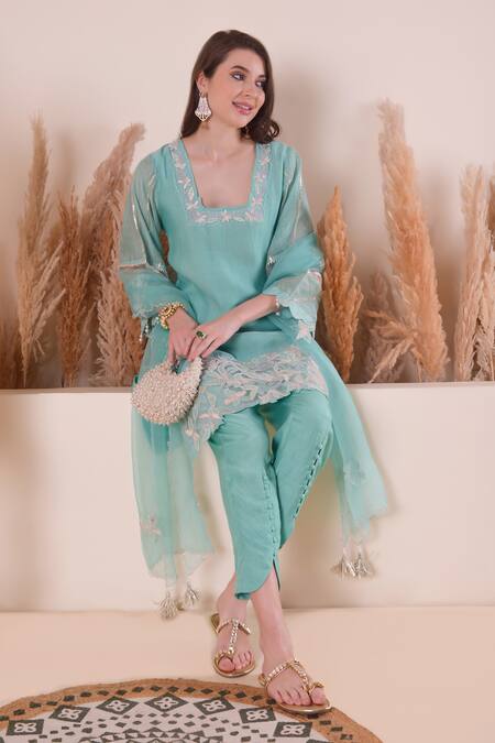 Buy_Surabhi Arya_Blue Chanderi, Muslin, Organza Tassels, Embroidery Floral Thread Kurta Set 