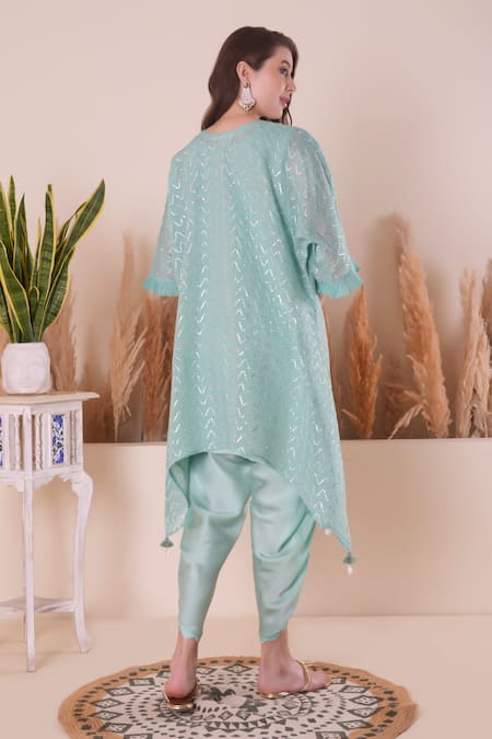 Shop_Surabhi Arya_Blue Chanderi, Modal, Cotton, Satin Gota Wave Embroidered Kurta And Dhoti Pant Set _at_Aza_Fashions