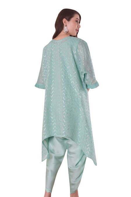 Surabhi Arya_Blue Chanderi, Modal, Cotton, Satin Gota Wave Embroidered Kurta And Dhoti Pant Set _Online_at_Aza_Fashions