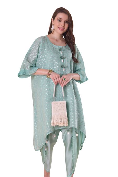 Buy_Surabhi Arya_Blue Chanderi, Modal, Cotton, Satin Gota Wave Embroidered Kurta And Dhoti Pant Set _Online_at_Aza_Fashions