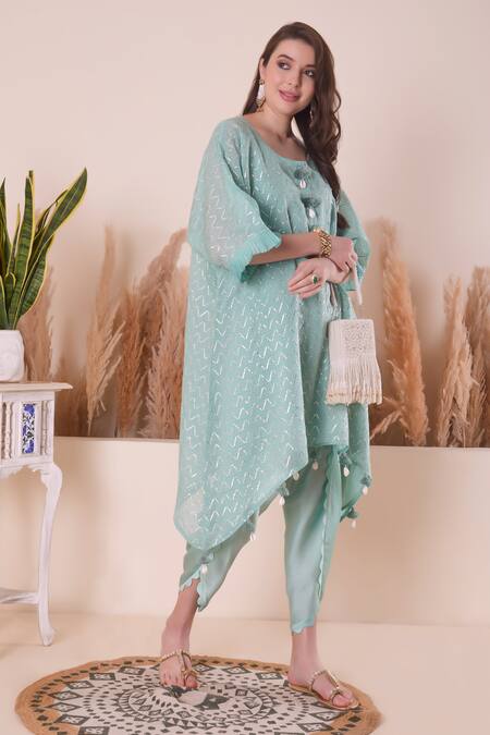 Shop_Surabhi Arya_Blue Chanderi, Modal, Cotton, Satin Gota Wave Embroidered Kurta And Dhoti Pant Set _Online_at_Aza_Fashions