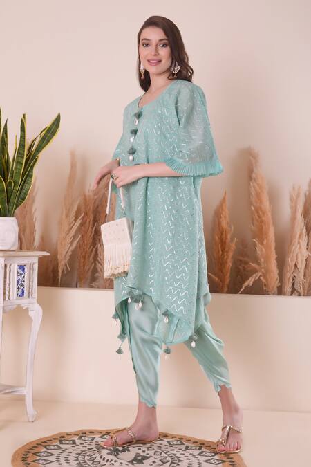 Surabhi Arya_Blue Chanderi, Modal, Cotton, Satin Gota Wave Embroidered Kurta And Dhoti Pant Set _at_Aza_Fashions
