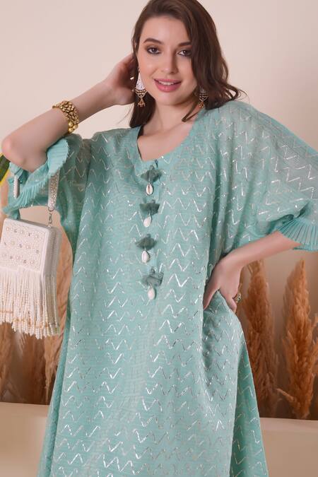 Buy_Surabhi Arya_Blue Chanderi, Modal, Cotton, Satin Gota Wave Embroidered Kurta And Dhoti Pant Set 