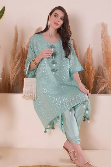 Shop_Surabhi Arya_Blue Chanderi, Modal, Cotton, Satin Gota Wave Embroidered Kurta And Dhoti Pant Set 