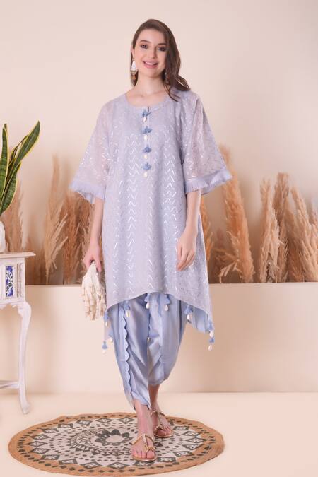 Buy_Surabhi Arya_Purple Chanderi, Cotton Tassels Round Wave Gota Pattern Kurta And Dhoti Pant Set _Online_at_Aza_Fashions